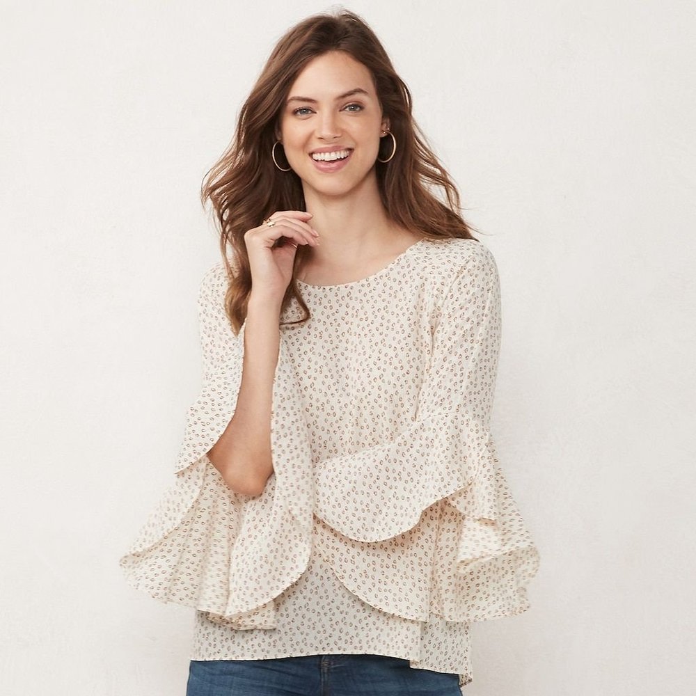Tiered Bell-Sleeve Floral Blouse - Cream
